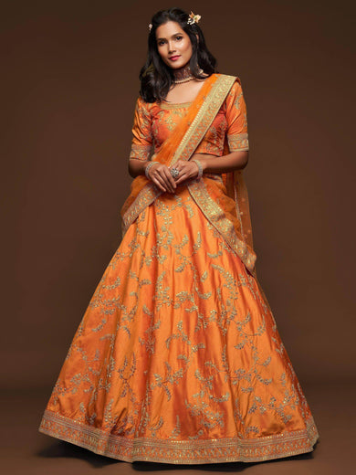 Orange Thread Embroidery Art Silk Wedding Wear Lehenga Choli